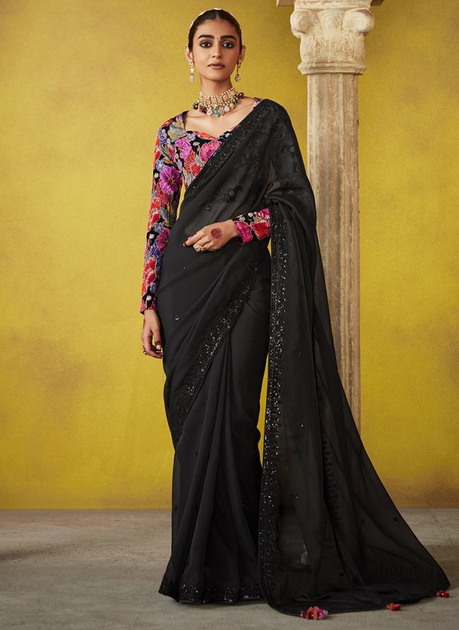 Glass Tissue Black Wedding Wear Embroidery Work Saree